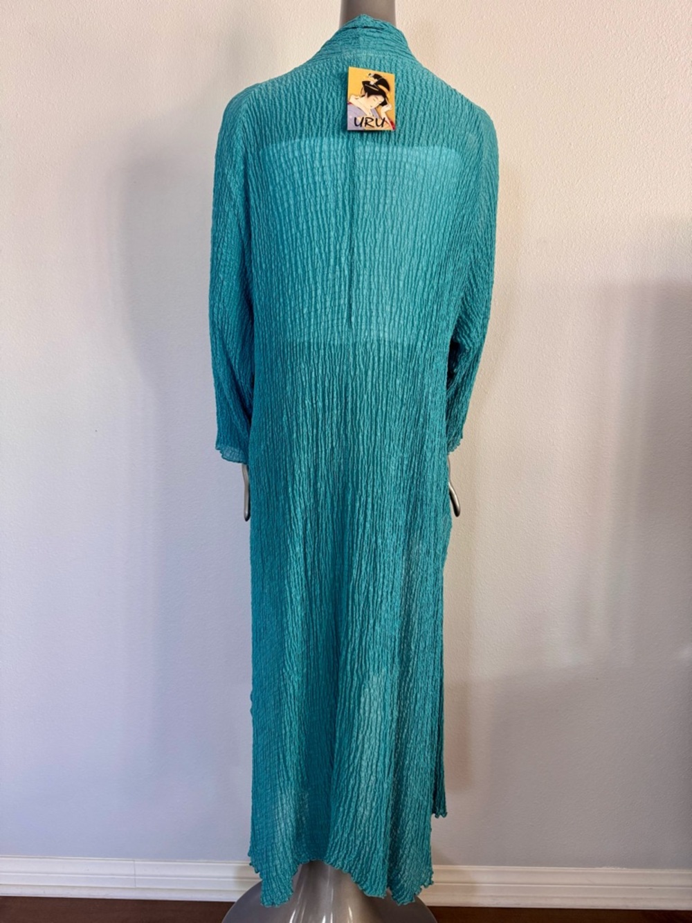 URU Dream Coat 100% Silk Crinkle Duster Cardigan Turquoise Size 2 NWT - Picture 8 of 12